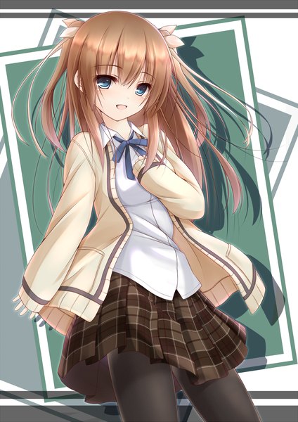 Anime picture 848x1200 with original sena chifuyu single long hair tall image open mouth blue eyes brown hair two side up girl skirt uniform bow hair bow school uniform pantyhose black pantyhose sweater