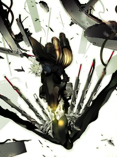 Anime picture 1347x1809 with final fantasy vii advent children final fantasy final fantasy vii square enix cloud strife miwa shirow tall image short hair open mouth blue eyes blonde hair white background falling boy weapon sword
