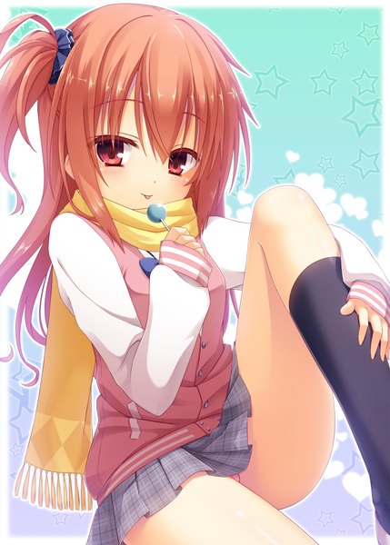 Anime picture 1849x2588 with sanoba witch yuzusoft inaba meguru yuzu modoki single long hair tall image looking at viewer highres light erotic red eyes red hair one side up :p girl skirt miniskirt socks food sweets