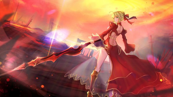 Anime picture 1920x1080 with fate (series) fate/extra nero claudius (fate) (all) nero claudius (fate) asanogawa (tutufcc) single looking at viewer fringe highres short hair light erotic smile wide image standing holding green eyes ahoge ass looking back wind