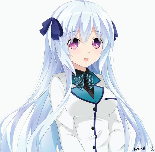 Anime picture 900x884 with fairy fencer f tiara (fairy fencer f) keenh single long hair looking at viewer blush fringe open mouth simple background smile white background purple eyes signed silver hair alternate costume girl uniform ribbon (ribbons) hair ribbon