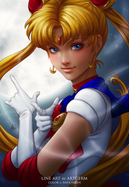 Anime picture 692x1000 with bishoujo senshi sailor moon toei animation tsukino usagi sailor moon artgerm (stanley lau) rafaarsen single long hair tall image looking at viewer fringe blue eyes blonde hair twintails upper body light smile lips realistic short sleeves tsuki ni kawatte oshioki yo