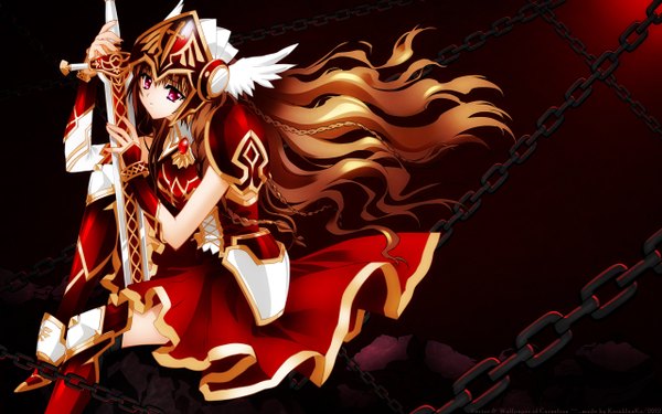Anime picture 2560x1600 with original carnelian single long hair highres red eyes brown hair wide image sitting girl dress weapon sword armor chain