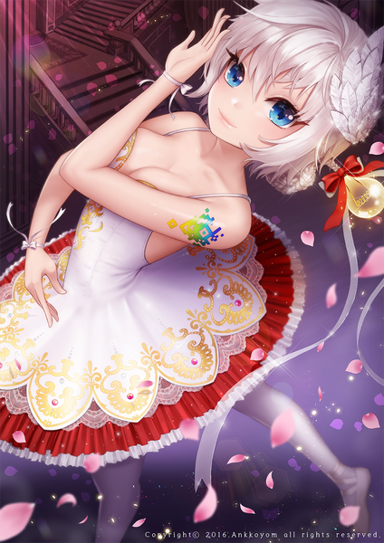 Anime picture 1100x1556 with qurare: magic library ango single tall image looking at viewer short hair blue eyes white hair ballerina ballet girl dress bow ribbon (ribbons) hair bow petals feather (feathers) tutu ballet slippers