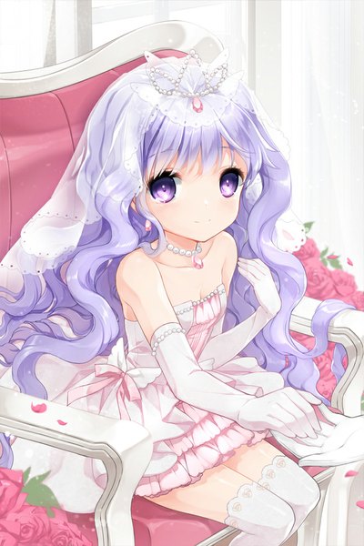 Anime picture 667x1000 with sword girls juna single long hair tall image looking at viewer sitting purple eyes blue hair girl thighhighs dress gloves flower (flowers) petals white thighhighs elbow gloves rose (roses) tiara wedding dress