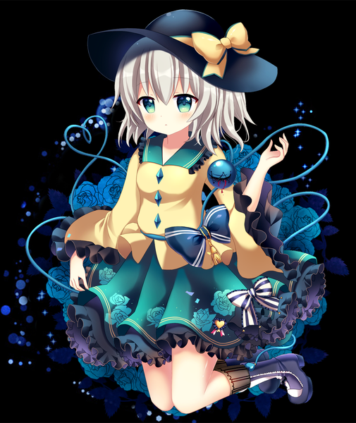 Anime picture 946x1123 with touhou komeiji koishi mayo (miyusa) single tall image blush fringe short hair hair between eyes green eyes looking away silver hair full body black background heart of string girl skirt hat socks boots