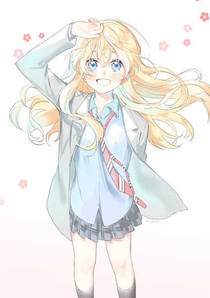 Anime picture 849x1200 with shigatsu wa kimi no uso a-1 pictures miyazono kaori marin (myuy 3) single long hair tall image blush fringe blue eyes blonde hair simple background smile hair between eyes signed from above wind tears gradient background looking up