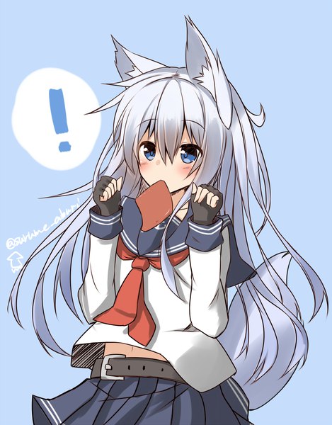 Anime picture 800x1022 with kantai collection hibiki destroyer surume aburi single long hair tall image blush fringe blue eyes hair between eyes holding signed animal ears payot looking away silver hair tail animal tail pleated skirt twitter username