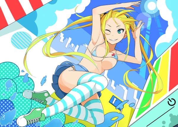 Anime picture 1260x900 with original haseneko single long hair looking at viewer breasts blue eyes light erotic blonde hair smile one eye closed wink girl thighhighs skirt swimsuit miniskirt bikini shoes striped thighhighs