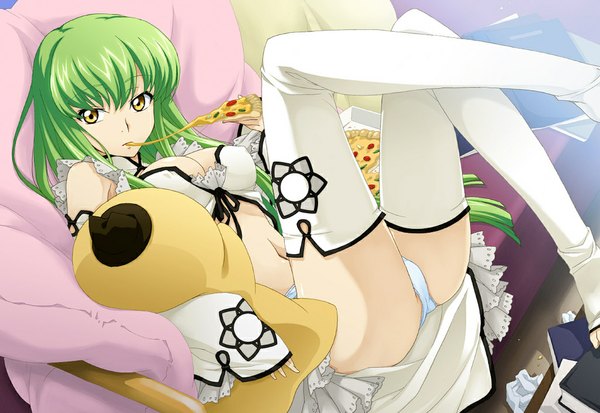 Anime picture 1024x705 with code geass sunrise (studio) c.c. cheese-kun saipaco single long hair looking at viewer fringe breasts light erotic large breasts bare shoulders yellow eyes long sleeves green hair bare belly leg lift (legs lift) girl thighhighs