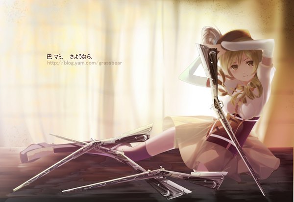 Anime picture 3061x2108 with mahou shoujo madoka magica shaft (studio) tomoe mami cao xiong (tlb12121) single highres blonde hair yellow eyes arms up drill hair girl thighhighs weapon hat detached sleeves rifle