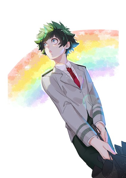 Anime picture 1680x2376 with boku no hero academia studio bones midoriya izuku kitsune (pixiv5601263) single tall image short hair open mouth blue eyes standing white background green hair looking up freckles closed umbrella boy uniform school uniform rainbow