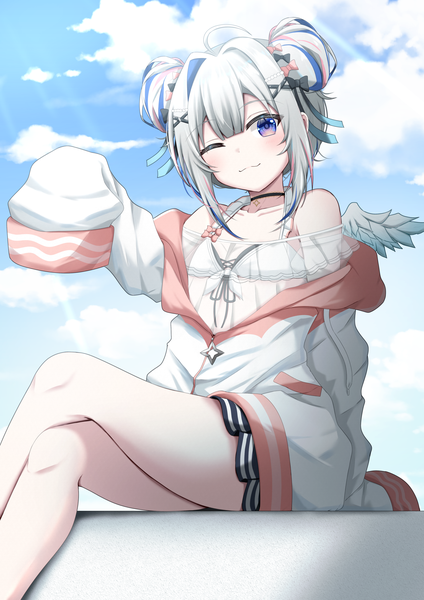 Anime picture 1736x2456 with virtual youtuber hololive amane kanata amane kanata (7th costume) kamesys single tall image looking at viewer highres short hair light erotic sitting purple eyes sky silver hair cloud (clouds) long sleeves one eye closed multicolored hair off shoulder
