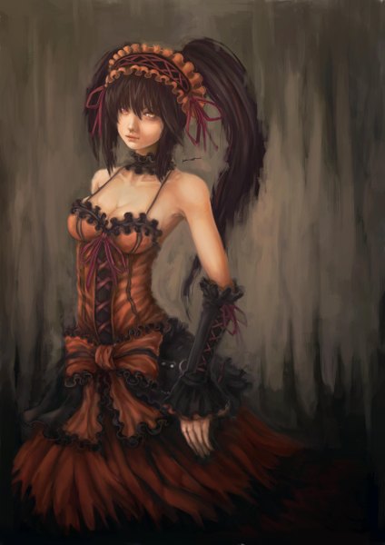 Anime picture 3508x4961 with date a live tokisaki kurumi kuon (kwonchanji) single long hair tall image looking at viewer highres black hair twintails bare shoulders absurdres realistic heterochromia dark background girl dress frills headdress
