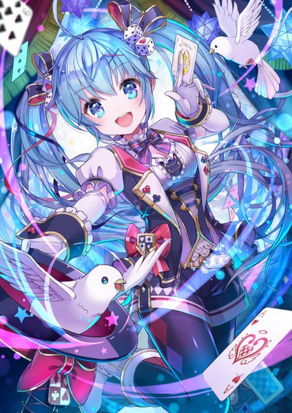 Anime picture 962x1362 with hatsune miku graphy collection vocaloid hatsune miku shiori (xxxsi) single long hair tall image looking at viewer fringe open mouth blue eyes smile standing twintails holding blue hair ahoge short sleeves puffy sleeves floating hair
