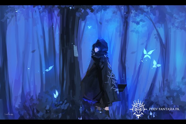 Anime picture 2125x1417 with original pixiv fantasia pixiv fantasia fallen kings paradise (character) swd3e2 single highres short hair blue eyes black hair signed letterboxed fantasy logo girl plant (plants) tree (trees) hood insect butterfly