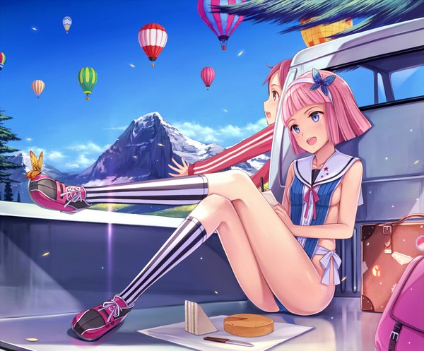 Anime picture 1050x870 with original yokaze japan blush short hair breasts open mouth blue eyes light erotic multiple girls pink hair girl hair ornament 2 girls socks hairband insect butterfly ground vehicle butterfly hair ornament aircraft