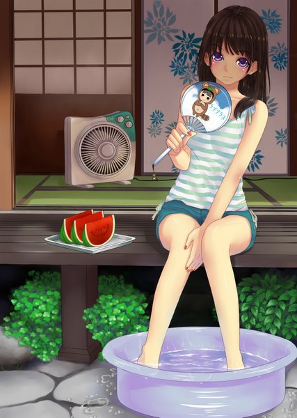Anime picture 1239x1739 with original abondz long hair tall image black hair sitting purple eyes nail polish girl food fan berry (berries) watermelon