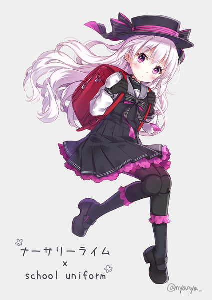 Anime picture 800x1131 with fate (series) fate/extra nursery rhyme (fate/extra) nyanya single long hair tall image looking at viewer blush fringe simple background hair between eyes purple eyes signed silver hair full body grey background twitter username doll joints girl