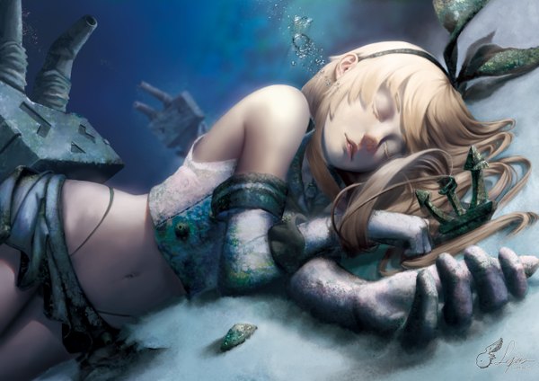 Anime picture 5291x3742 with kantai collection shimakaze destroyer rensouhou-chan lepus single long hair highres blonde hair bare shoulders absurdres lying eyes closed midriff watermark underwater > < girl skirt gloves navel