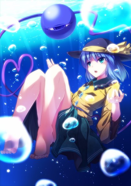 Anime picture 1753x2480 with touhou komeiji koishi ryosios single tall image highres short hair blue eyes blue hair underwater eyes heart of string girl hat heart bubble (bubbles)