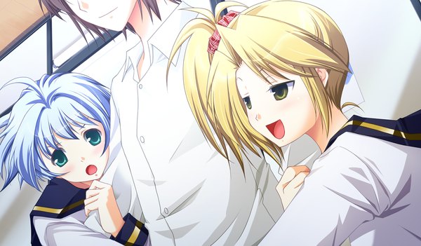 Anime picture 1024x600 with akikaze personal (game) short hair open mouth blonde hair wide image multiple girls green eyes blue hair game cg girl 2 girls serafuku