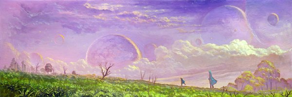 Anime picture 1183x393 with original kionaoki wide image standing sky cloud (clouds) wind plant (plants) tree (trees) moon cloak grass full moon child (children) planet