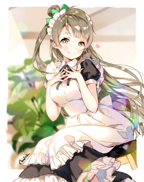 Anime picture 800x1010 with love live! school idol project sunrise (studio) love live! minami kotori ancotaku single long hair tall image looking at viewer blush fringe smile brown hair sitting signed yellow eyes sparkle maid puffy sleeves one side up