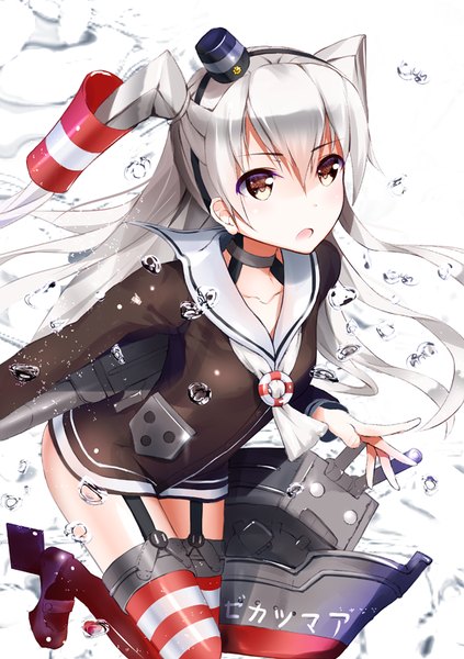 Anime picture 595x842 with kantai collection amatsukaze destroyer rensouhou-kun henet hene single long hair tall image open mouth white background brown eyes silver hair two side up girl thighhighs hat choker headdress striped thighhighs water drop hair tubes