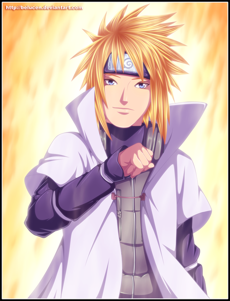 Anime picture 957x1254 with naruto studio pierrot naruto (series) namikaze minato belucen single long hair tall image blue eyes blonde hair smile coloring border hokage boy cloak vest bandana