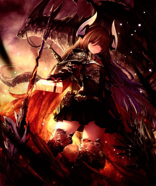 Anime picture 3661x4368 with shingeki no bahamut tachikawa mushimaro (bimo) single long hair tall image highres red eyes brown hair absurdres horn (horns) scan fantasy girl weapon gift dragon armored dress