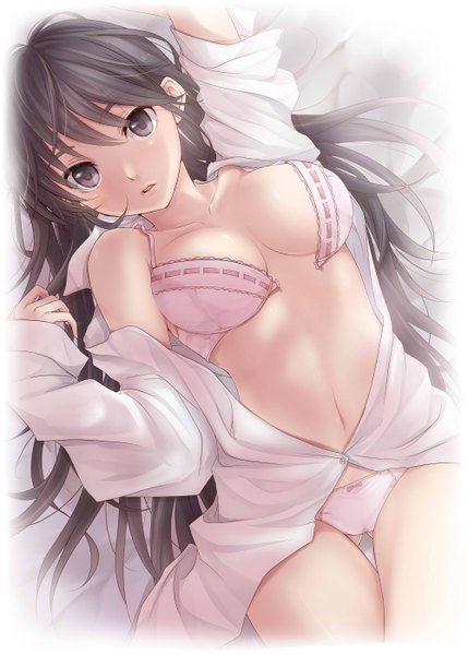 Anime picture 2000x2798 with original masami chie single long hair tall image fringe highres light erotic black hair lying lips black eyes off shoulder open clothes open shirt ass visible through thighs girl navel underwear panties