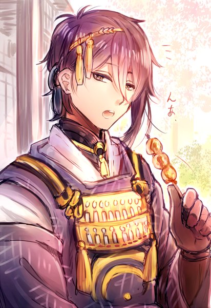 Anime picture 674x980 with touken ranbu nitroplus mikazuki munechika sumimoto ryuu single tall image short hair open mouth hair between eyes purple eyes purple hair upper body traditional clothes japanese clothes text looking down boy gloves hair ornament food