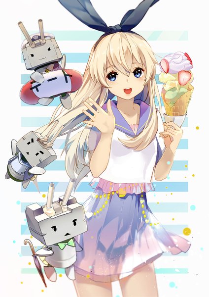 Anime picture 1000x1414 with kantai collection shimakaze destroyer rensouhou-chan yukizakura (neon-neon) single long hair tall image looking at viewer blush open mouth blue eyes blonde hair animal ears bunny ears girl bow weapon hair bow food sweets