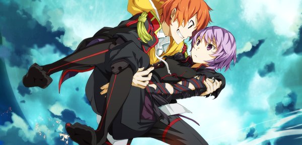 Anime picture 2250x1080 with soushuu senshinkan gakuen hachimyoujin oosugi harumitsu g yuusuke highres short hair smile wide image purple eyes game cg purple hair orange hair couple carrying princess carry girl boy