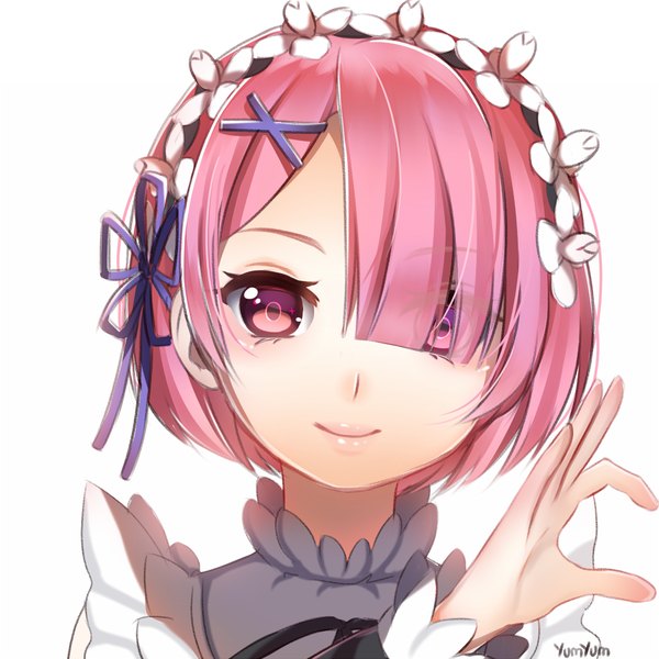 Anime picture 1000x1000 with re:zero kara hajimeru isekai seikatsu white fox ram (re:zero) yumyum single looking at viewer fringe short hair smile white background pink hair pink eyes hair over one eye girl dress