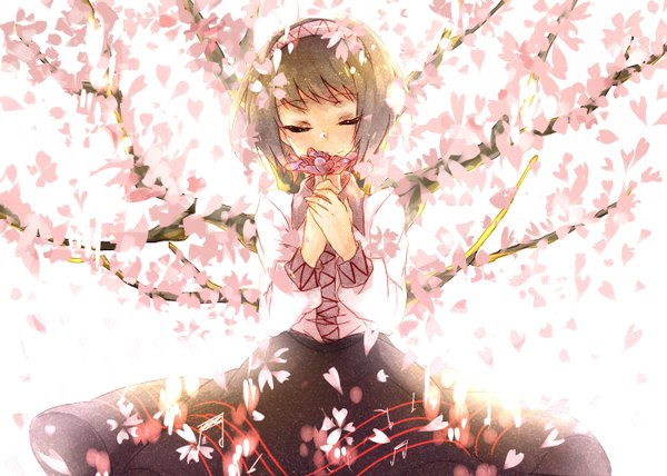 Anime picture 1400x1000 with touhou tsukumo yatsuhashi kagari6496 single fringe short hair brown hair white background eyes closed cherry blossoms covered mouth girl skirt flower (flowers) plant (plants) petals tree (trees) hairband black skirt musical note