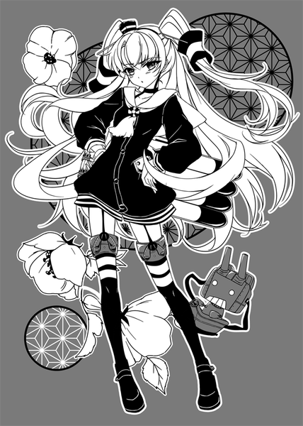 Anime picture 750x1050 with kantai collection amatsukaze destroyer rensouhou-kun ceru single long hair tall image grey background two side up monochrome girl thighhighs flower (flowers) hat hair tubes sailor suit mini hat robot
