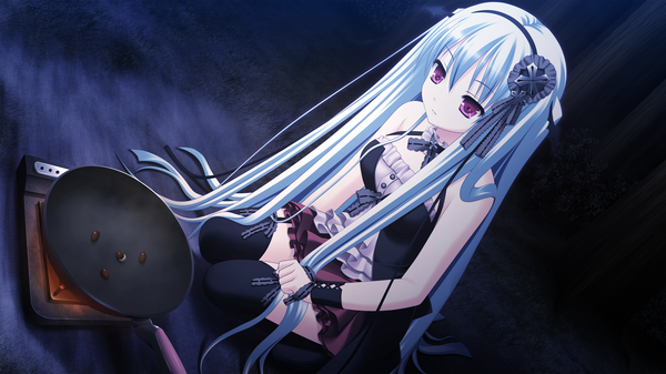 Anime picture 2560x1440 with shinigami no testament vivi alhazerd makita maki long hair highres red eyes wide image game cg silver hair night girl thighhighs dress hair ornament black thighhighs