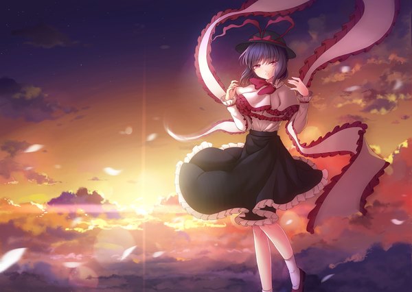 Anime picture 1900x1350 with touhou nagae iku philomelalilium single looking at viewer highres short hair blue hair sky cloud (clouds) pink eyes shadow lens flare evening sunset girl dress bow hat petals