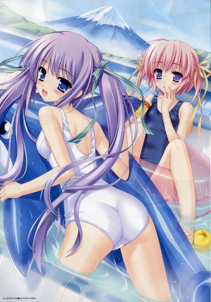 Anime picture 3333x4756 with satoshi goma tall image highres blue eyes light erotic twintails purple eyes multiple girls pink hair absurdres purple hair looking back from behind mountain girl 2 girls swimsuit