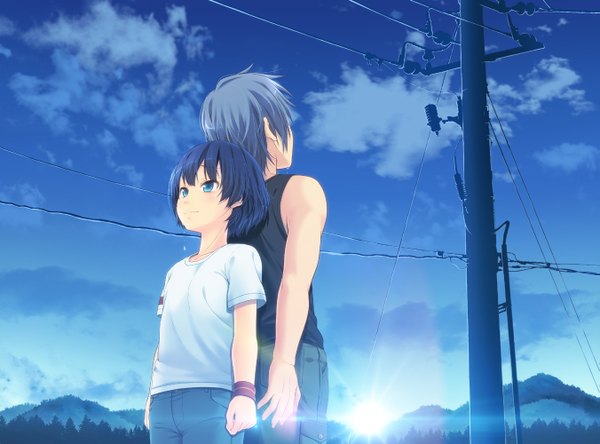 Anime picture 1351x1000 with ano natsu de matteru j.c. staff tanigawa kanna short hair blue eyes blue hair sky silver hair cloud (clouds) couple girl boy wire (wires) wristlet jeans