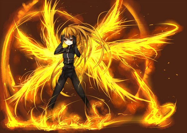 Anime picture 2000x1428 with original ganesagi single long hair looking at viewer highres blonde hair red eyes standing girl gloves wings bodysuit fire flame