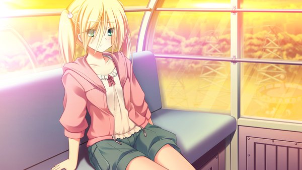 Anime picture 2560x1440 with love la bride yuki nao mutou kurihito single highres short hair blonde hair wide image sitting twintails green eyes game cg girl shorts