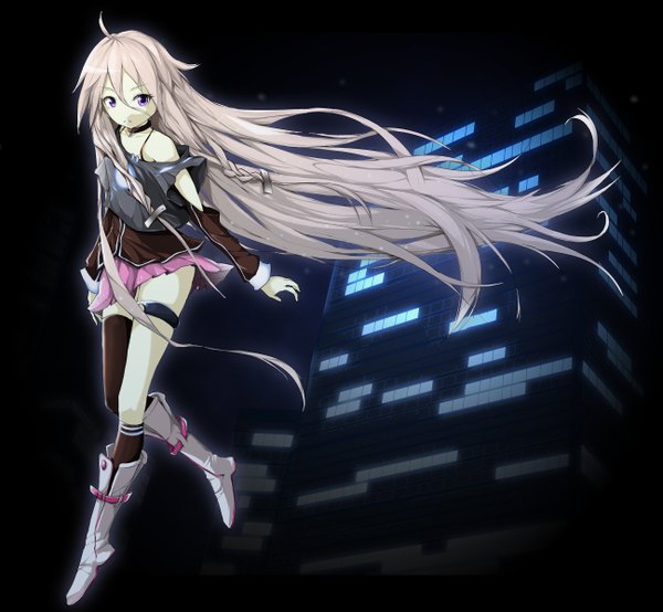 Anime picture 1298x1200 with vocaloid ia (vocaloid) solru (tyappygain) single long hair looking at viewer purple eyes bare shoulders pink hair pale skin girl thighhighs skirt hair ornament boots building (buildings) single thighhigh pink skirt