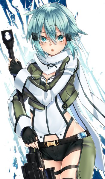 Anime picture 700x1195 with sword art online a-1 pictures asada shino keita (tundereyuina) single tall image looking at viewer blush fringe short hair open mouth hair between eyes cleavage parted lips aqua eyes aqua hair open jacket thighs girl gloves