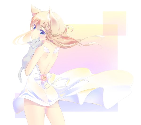 Anime picture 3376x3000 with original akira b single long hair looking at viewer blush fringe highres blue eyes light erotic blonde hair hair between eyes standing white background bare shoulders holding animal ears absurdres ass braid (braids)