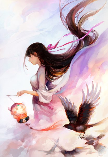 Anime picture 691x1000 with original fooltown single long hair tall image fringe black hair simple background looking away blunt bangs profile wind black eyes blurry girl dress ribbon (ribbons) hair ribbon animal white dress