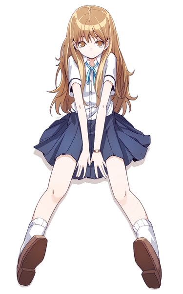 Anime picture 585x935 with original ryuga (balius) single long hair tall image looking at viewer fringe simple background brown hair white background sitting brown eyes signed full body from above soles messy hair between thighs girl uniform