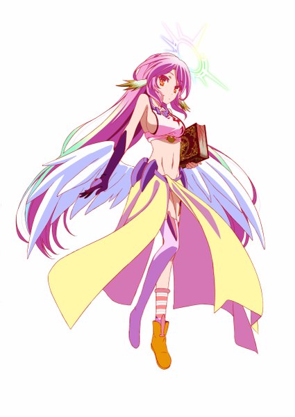 Anime picture 851x1200 with no game no life madhouse jibril (no game no life) single tall image looking at viewer fringe breasts light erotic simple background large breasts white background bare shoulders holding pink hair very long hair official art bare belly orange eyes groin